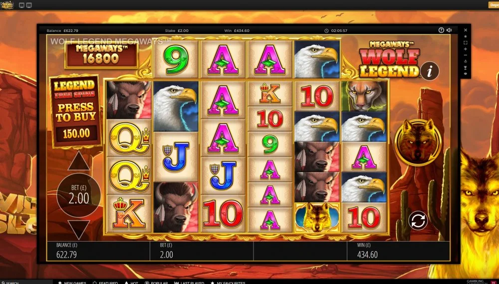Megaways Wold Legend - Vidoslots - Bet £2 WIN £434.60 almost full screen Q's or LOADS.webp