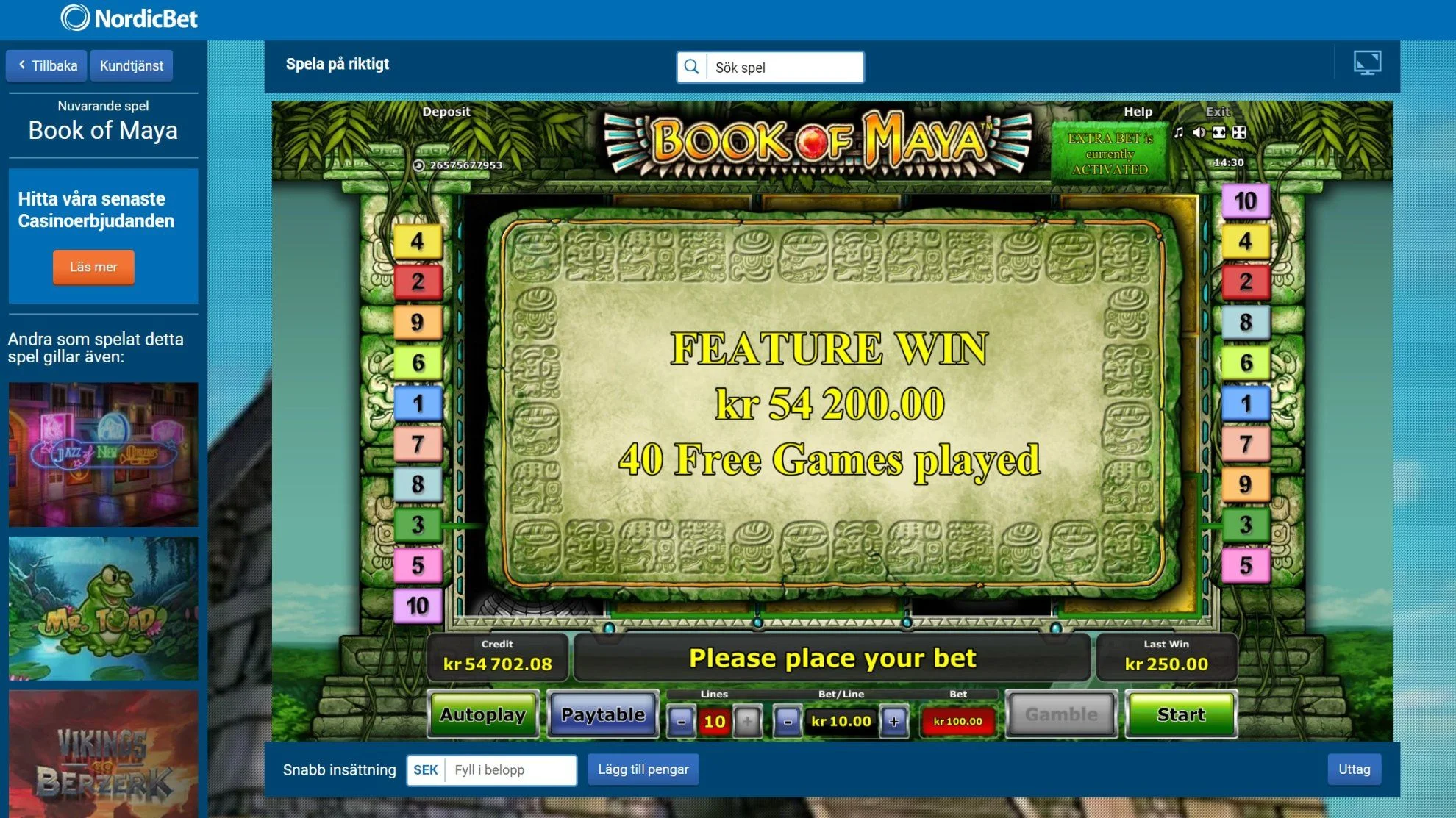 Nordicbet - Book of Maya x542 = 54200kronor.webp