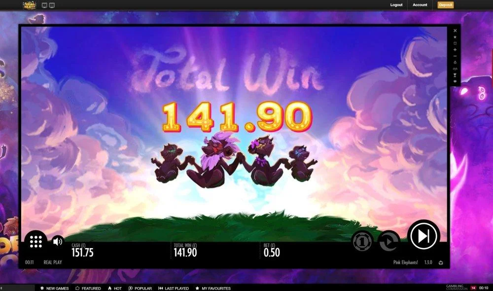 Pink Elephants - Videoslots - Bet £0.50 WIN £141.90 feature 4 peanuts got to 2 wilds only.webp