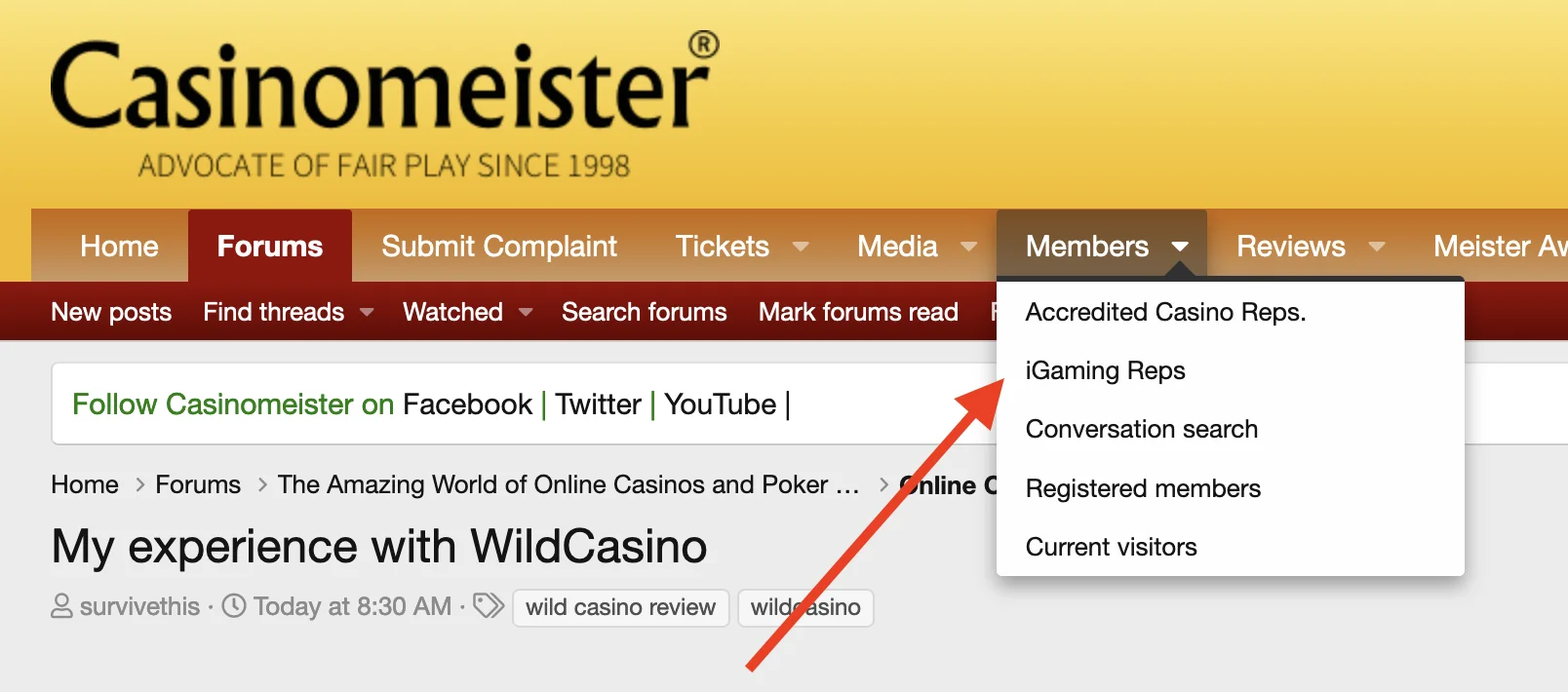 arrow pointing to location of igaming rep list in the main Casinomeister navigation menu