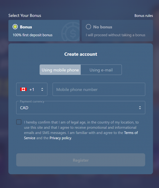 Casinoin Registration Form Using Mobile Phone Desktop Device View