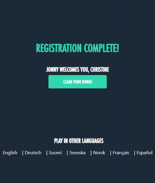 JonnyJackpot Registration Form Step 4 Desktop Device View