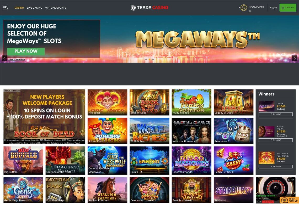 TradaCasino Homepage 2 Desktop Device View