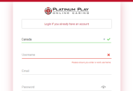 PlatinumPlay Registration Form Step 1 Desktop Device View