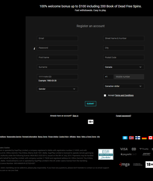 VoodooDreams Registration Form Desktop Device View 