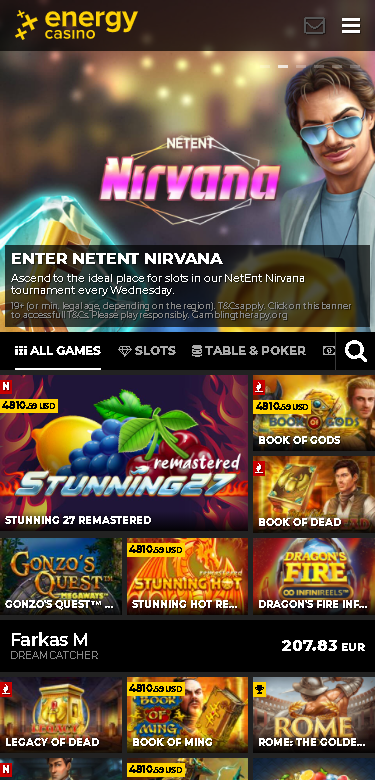 EnergyCasino Homepage Mobile Device View 