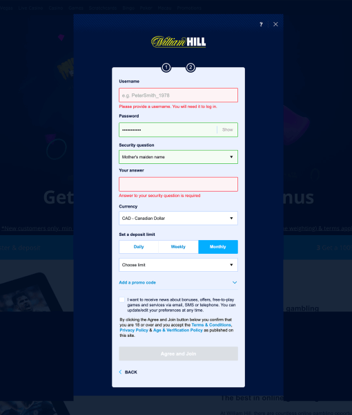 WilliamHill Registration Form Step 2 Desktop Device View