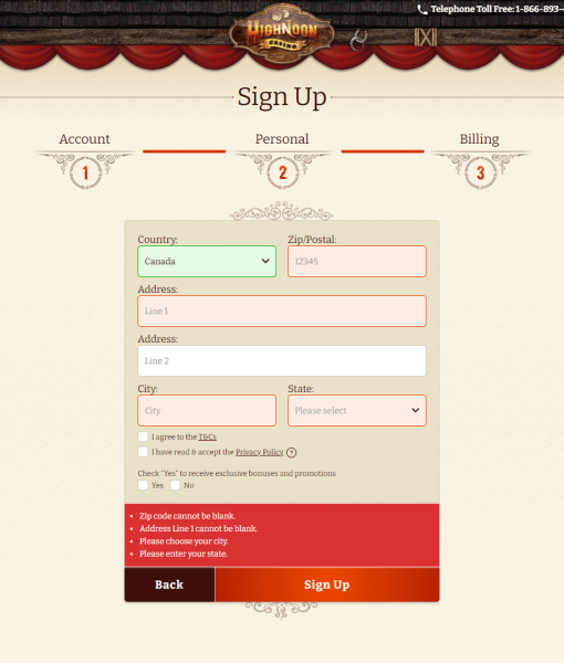 HighNoonCasino Registration Form Step 3 Desktop Device View