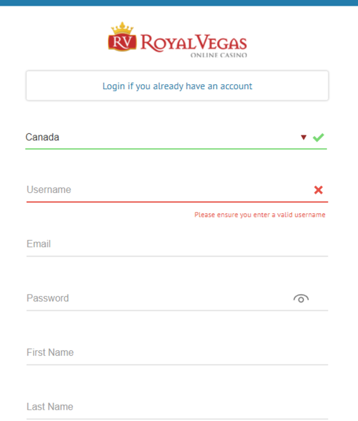 RoyalVegas Registration Form Desktop Device View