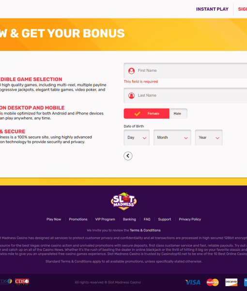SlotMadness Registration Form Step 2 Desktop Device View