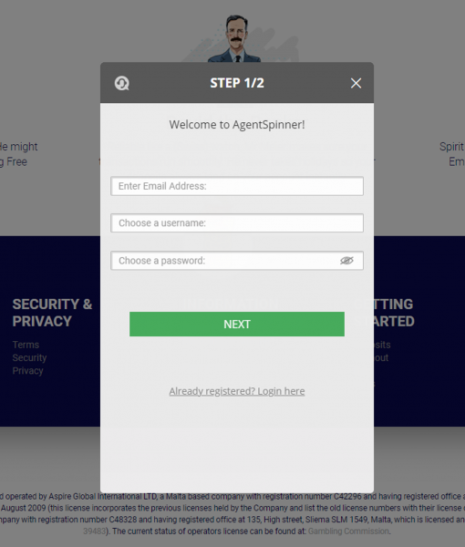 Agent Spinner Registration Form Step 1 Desktop Device View