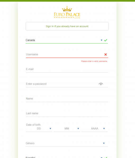 Europalace Registration Form Step 1 Desktop Device View