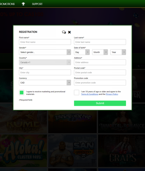 GoldenPalace Registration Form Step 2 Desktop Device View