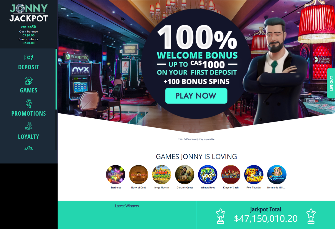 JonnyJackpot Homepage Desktop Device View