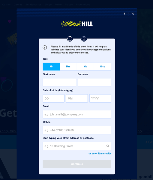 WilliamHill Registration Form Step 1 Desktop Device View