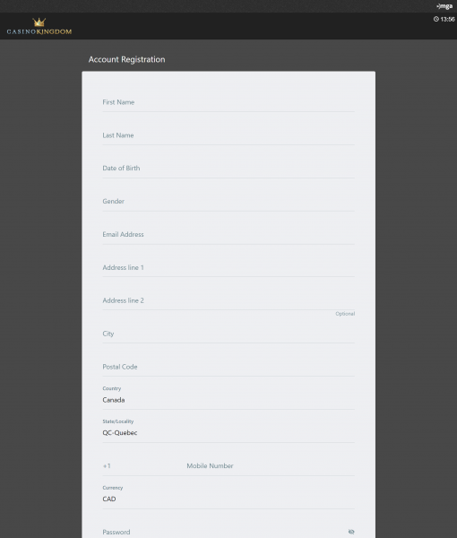 CasinoKingdom Registration Form Desktop Device View