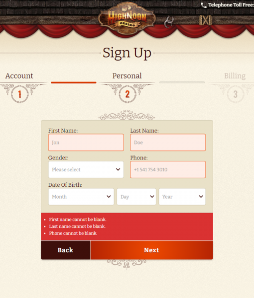 HighNoonCasino Registration Form Step 2 Desktop Device View