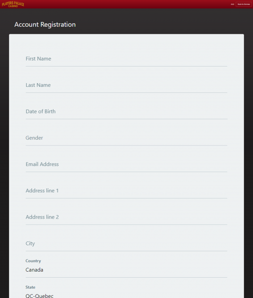 PlayerPalace Registration Form Step 1 Desktop Device View