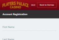 PlayerPalace Registration Form Step 1 Mobile Device View