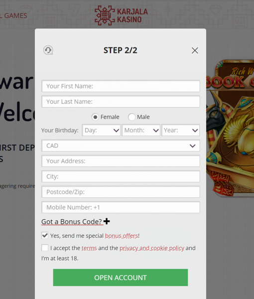 KarjalaKasino Registration Form Step 2 Desktop Device View
