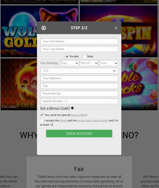 TradaCasino Registration Form Step 2 Desktop Device View