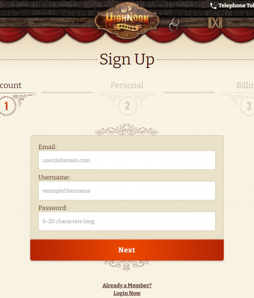 HighNoonCasino Registration Form Step 1 Desktop Device View