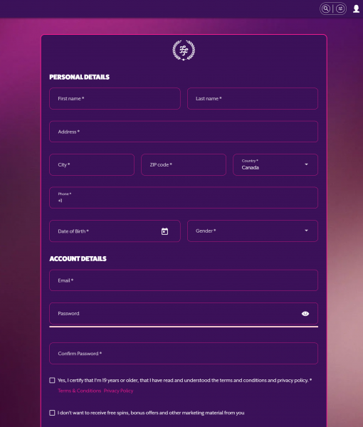 FrankFredCasino Registration Form Step 1 Desktop Device View