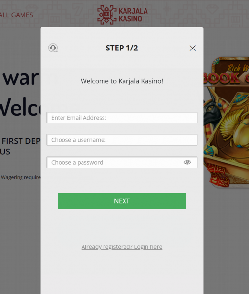 KarjalaKasino Registration Form Step 1 Desktop Device View