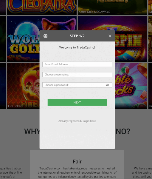 TradaCasino Registration Form Step 1 Desktop Device View