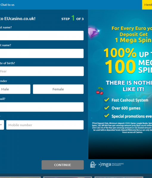 EuCasino Registration Form Step 1 Desktop Device View 