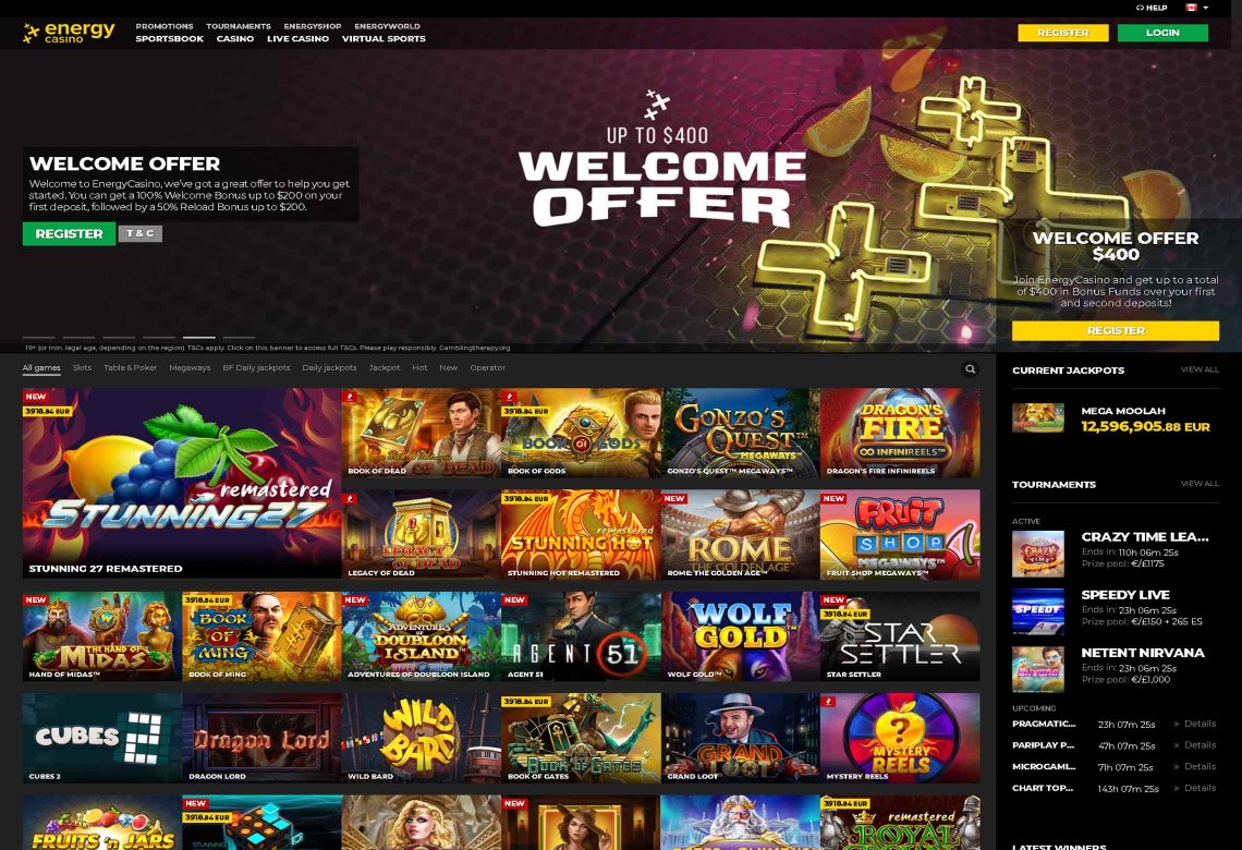 EnergyCasino Homepage Desktop Device View 