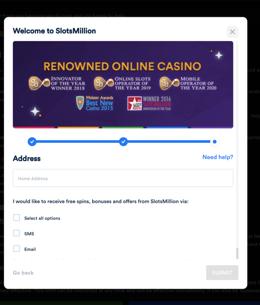 SlotsMillion Registration Form Step 3 Desktop Device View