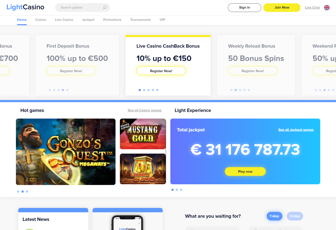 LightCasino Homepage Desktop Device View