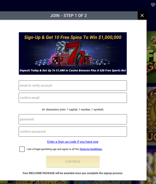 VIPcasino Registration Form Step 1 Desktop Device View