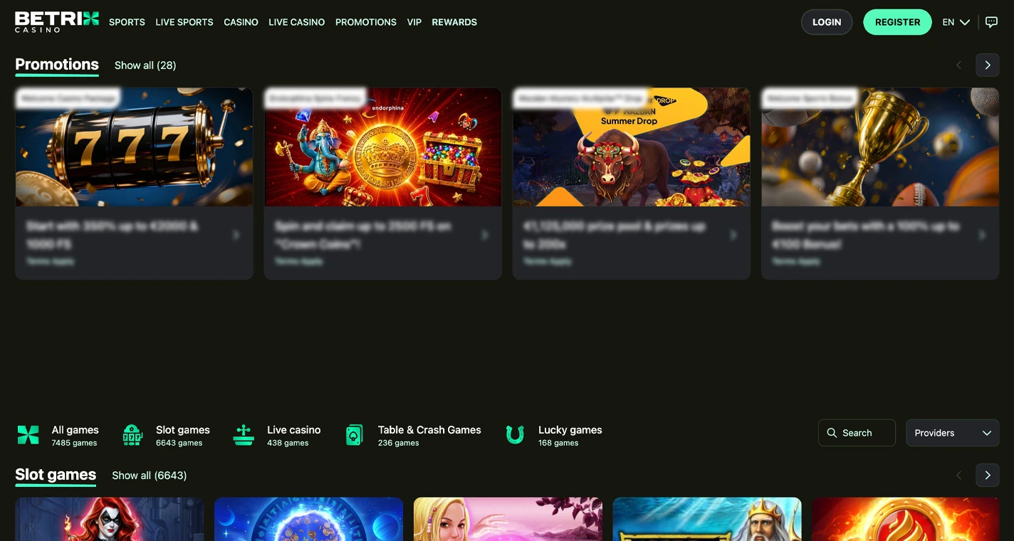 Betrix Casino Homepage Desktop Device View
