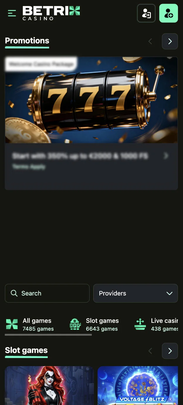 Betrix Casino Homepage Mobile Device View