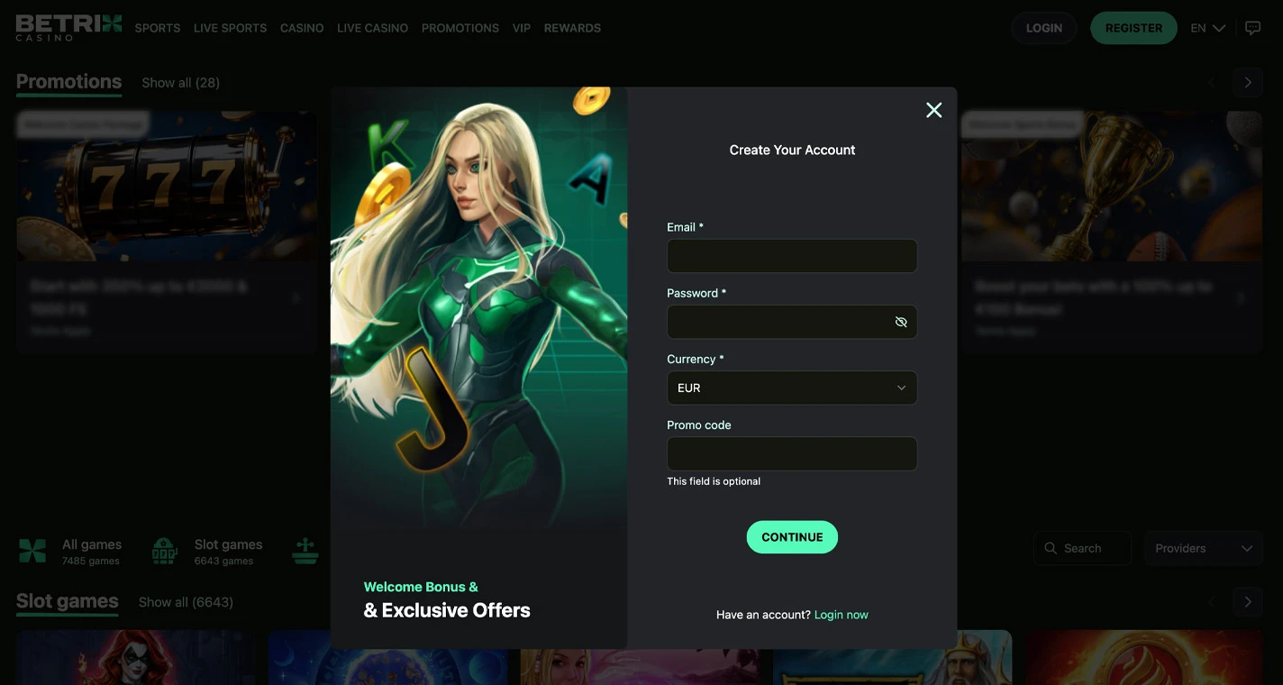 Betrix Casino Registration Form Step 1 Desktop Device View