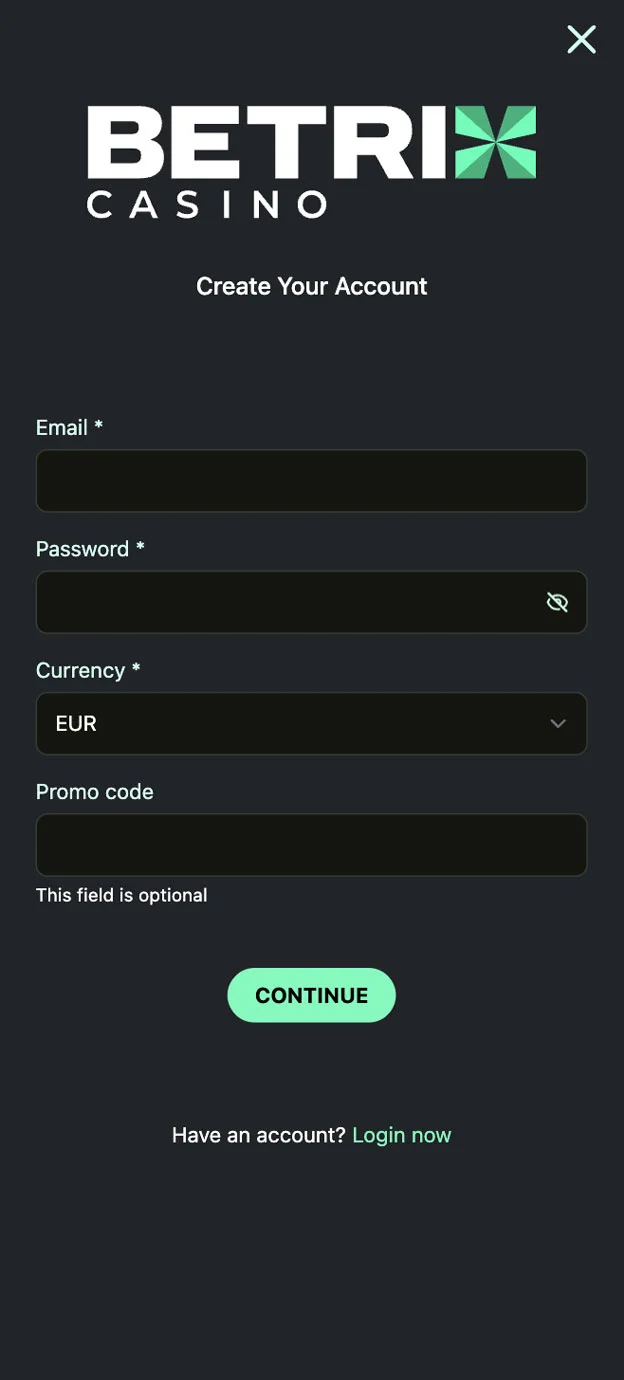 Betrix Casino Registration Form Step 1 Mobile Device View