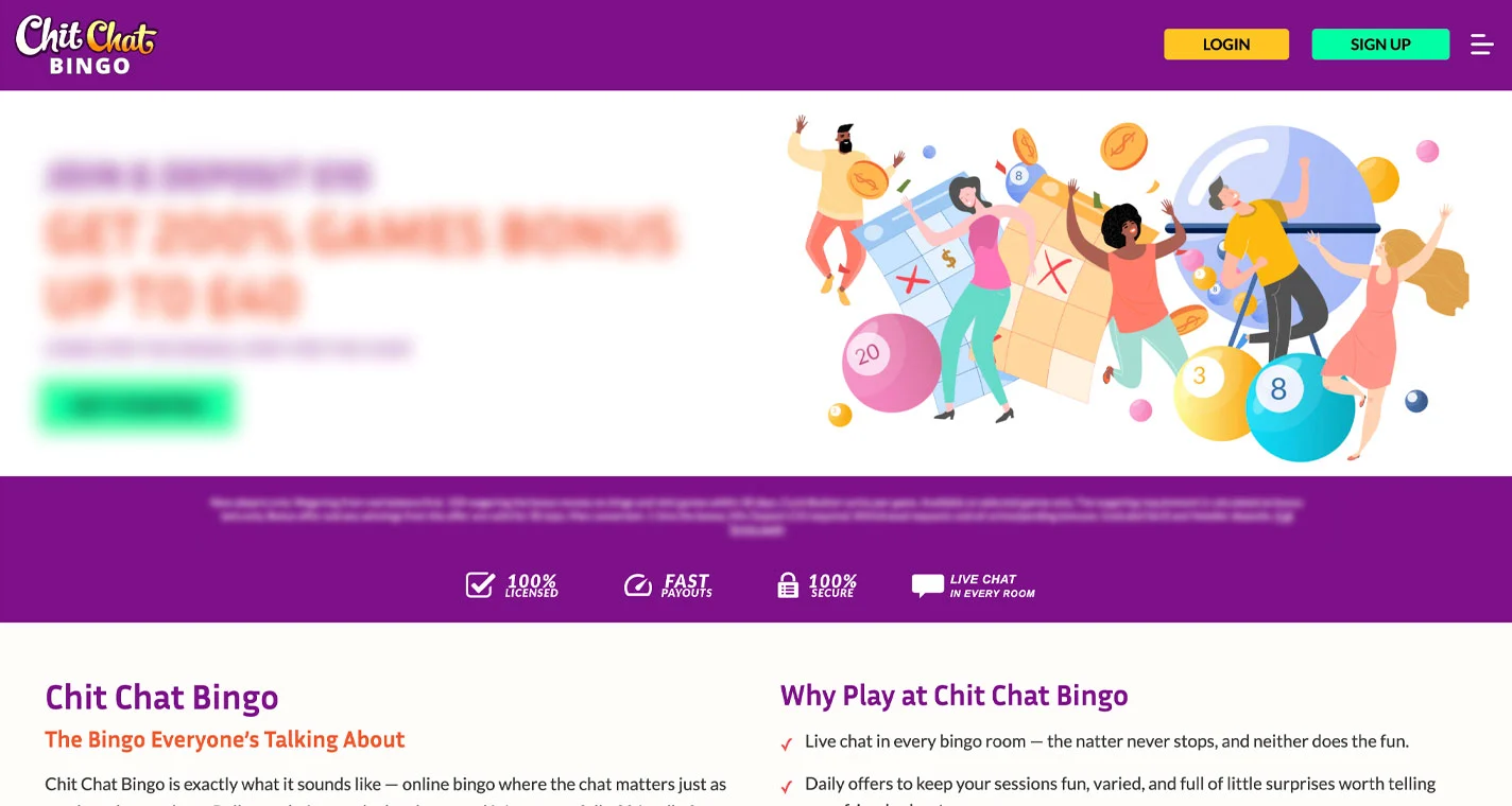 Chit Chat Bingo Casino Homepage Desktop Device View