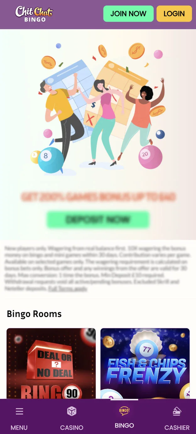 Chit Chat Bingo Casino Homepage Mobile Device View