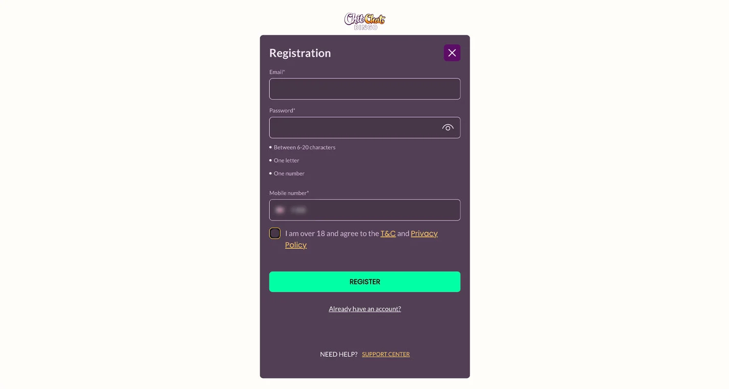 Chit Chat Bingo Casino Registration Form Step 1 Desktop Device View