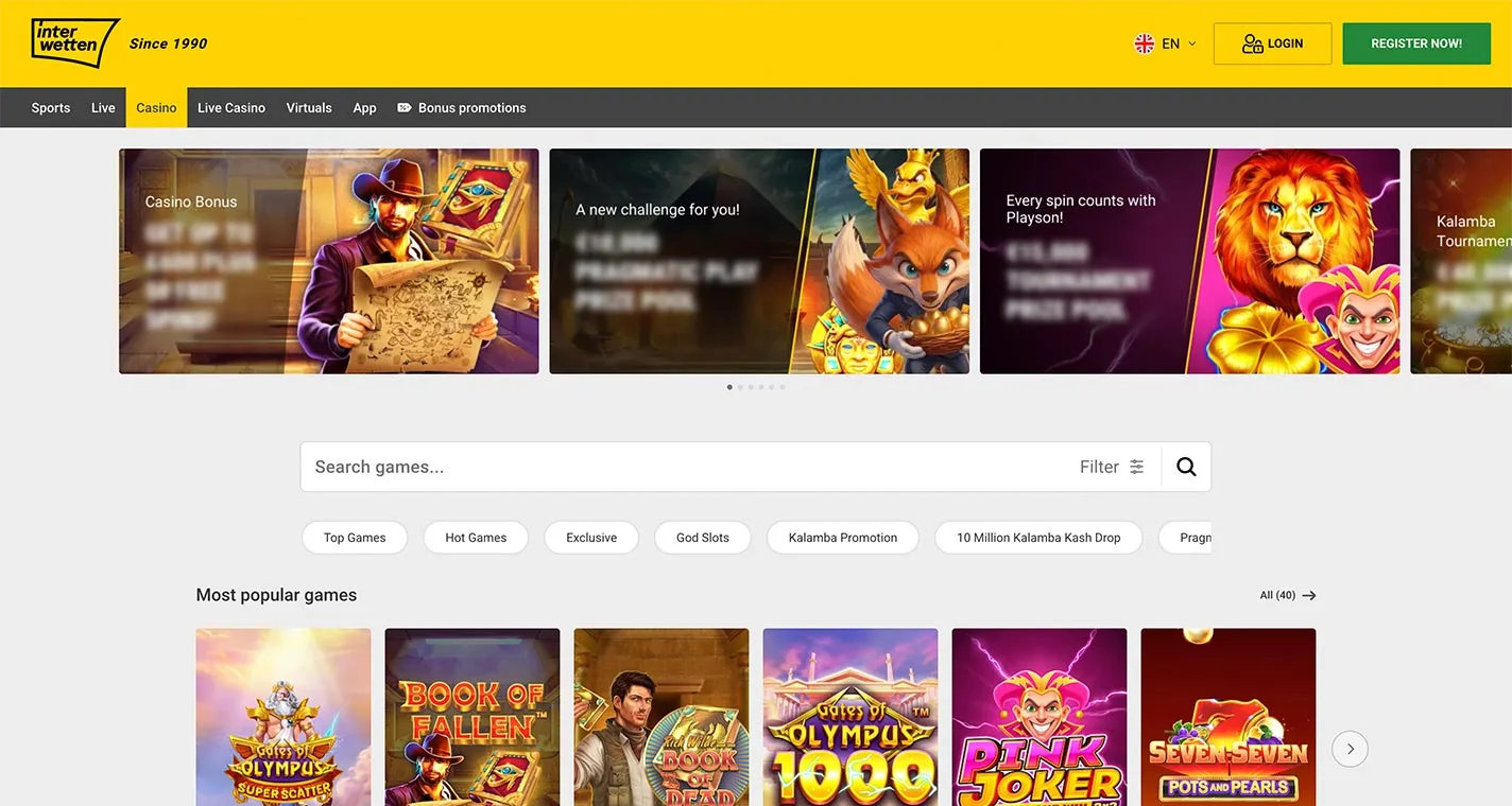 Interwetten Casino Homepage Desktop Device View