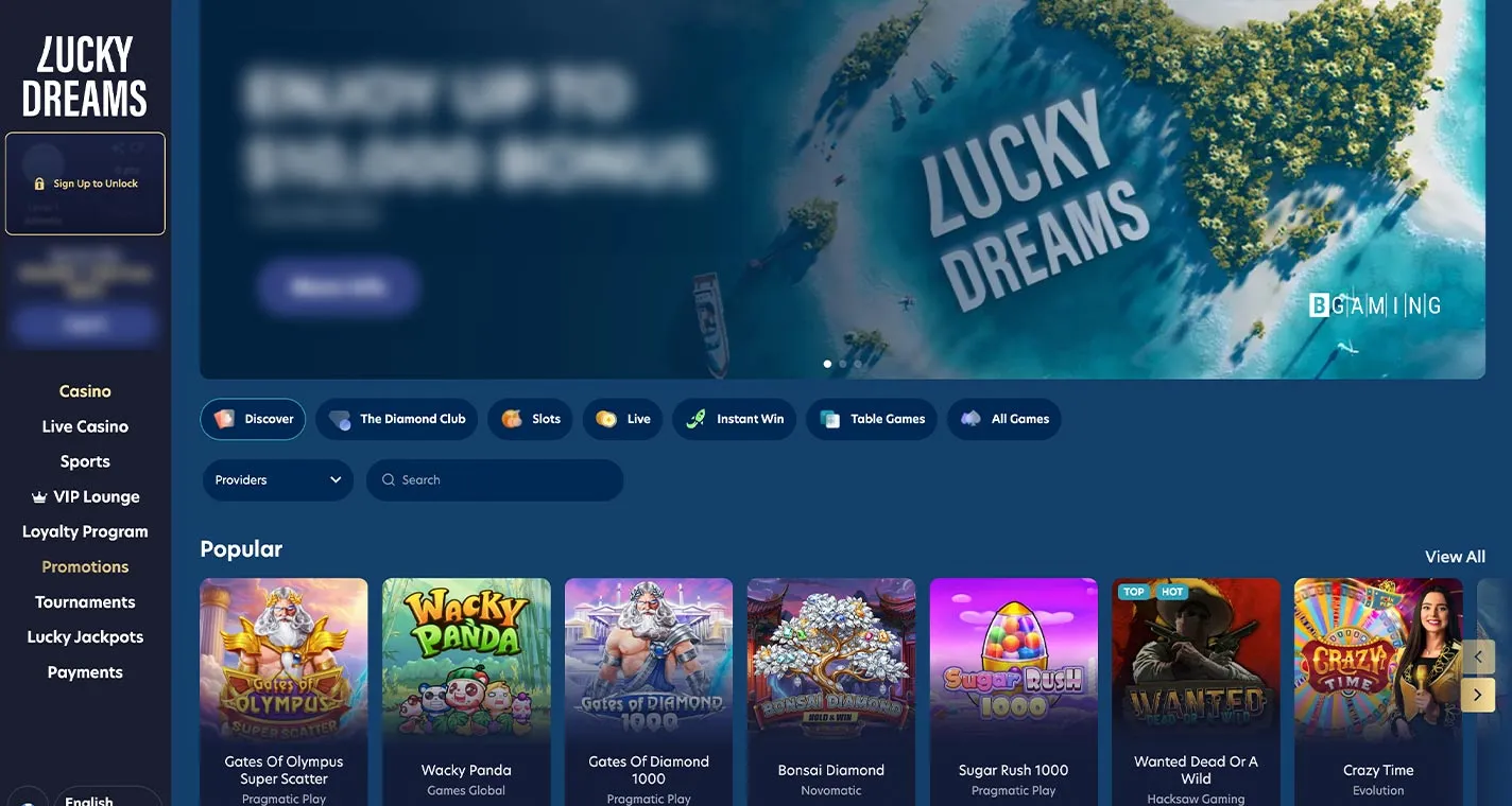 Lucky Dreams Casino Homepage Desktop Device View
