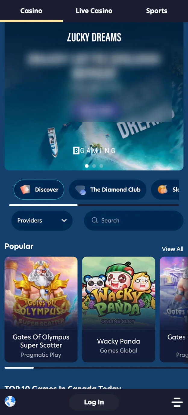 Lucky Dreams Casino Homepage Mobile Device View