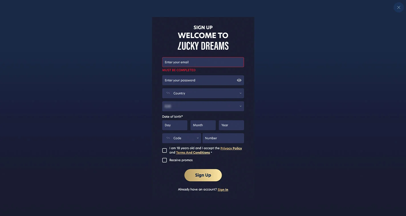 Lucky Dreams Casino Registration Form Step 1 Desktop Device View