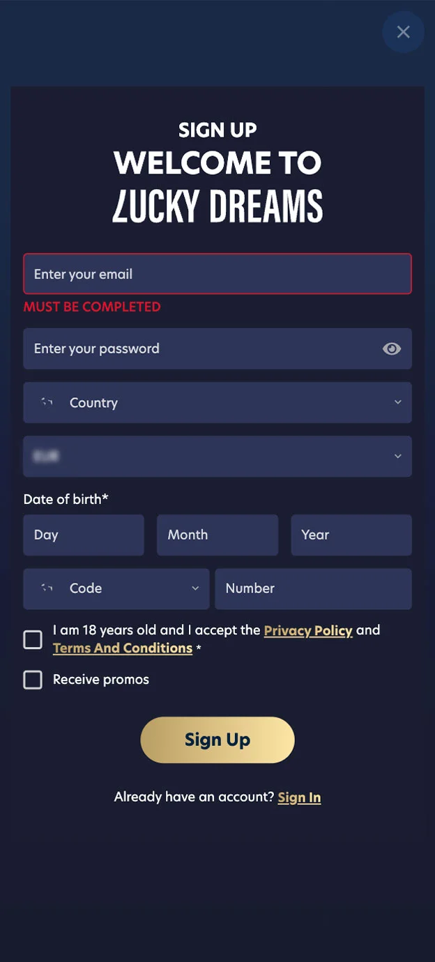 Lucky Dreams Casino Registration Form Step 1 Mobile Device View