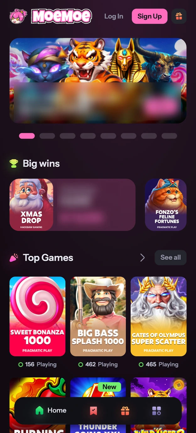 MoeMoe Casino Homepage Mobile Device View