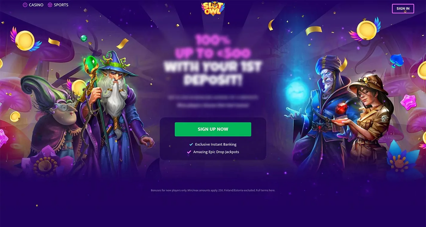 Slot Owl Homepage Desktop Device View