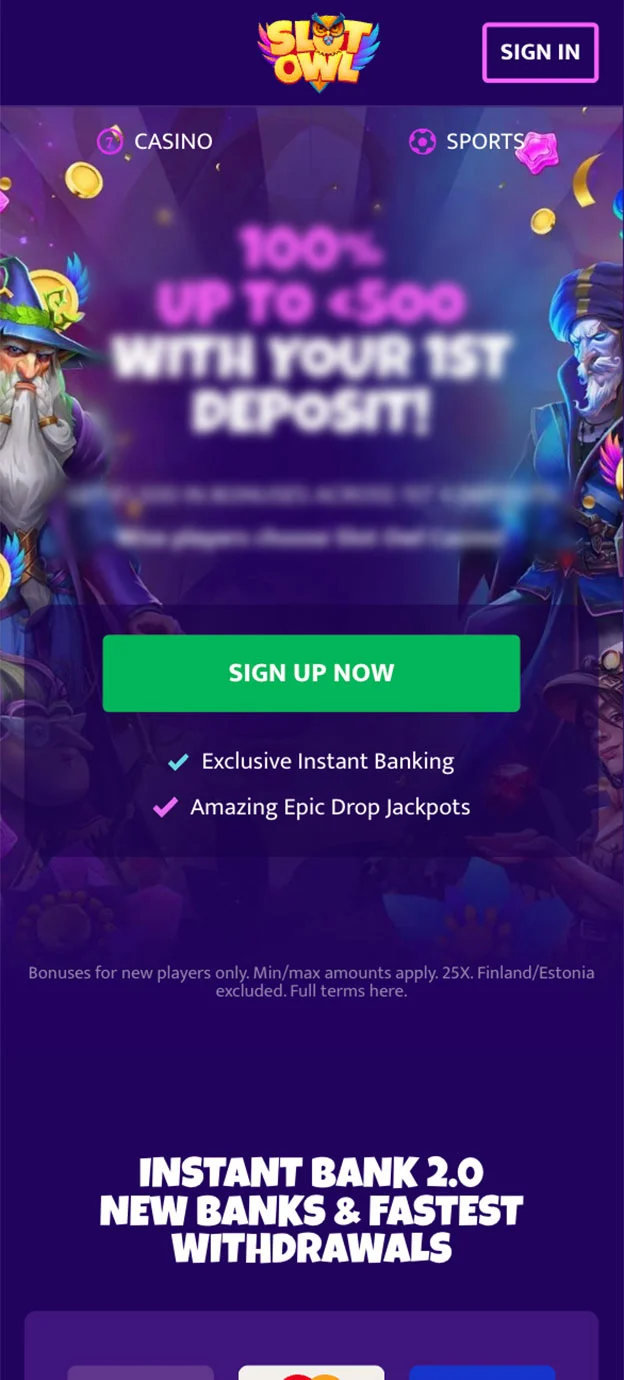 Slot Owl Homepage Mobile Device View