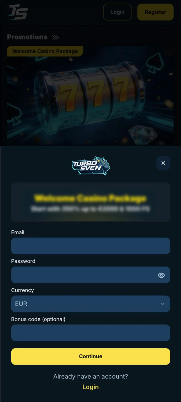 TurboSven Registration Form Step 1 Mobile Device View